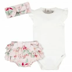 Gerber® 3-Piece Baby Girls Pink Garden Onesies® Bodysuit, Diaper Cover & Headband Set See What's New