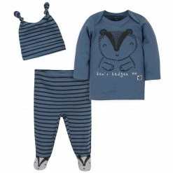 Gerber® 3-Piece Baby Boys Comfy Stretch Badger Shirt, Footed Pant And Cap Set BabyPreemie - 24M