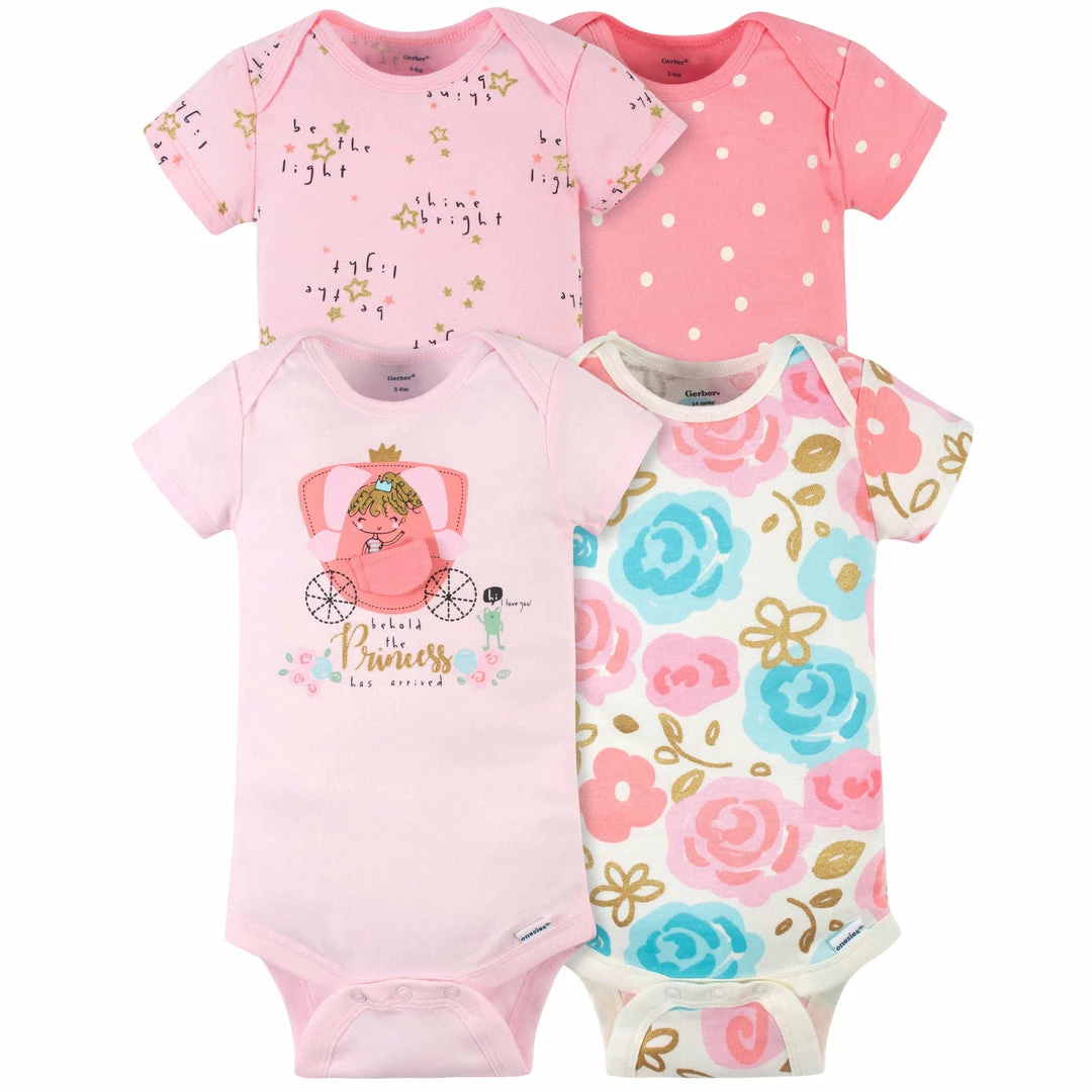 Cheapest ⌛ Gerber® 4-Pack Baby 👧 Girls Princess Short Sleeve Onesies® Bodysuits 🎁 1 Gerber® 4-Pack Baby Girls Princess Short Sleeve Onesies® Bodysuits