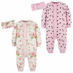 Gerber® 4-Piece Baby Girls Dots & Roses Coveralls & Headbands Set