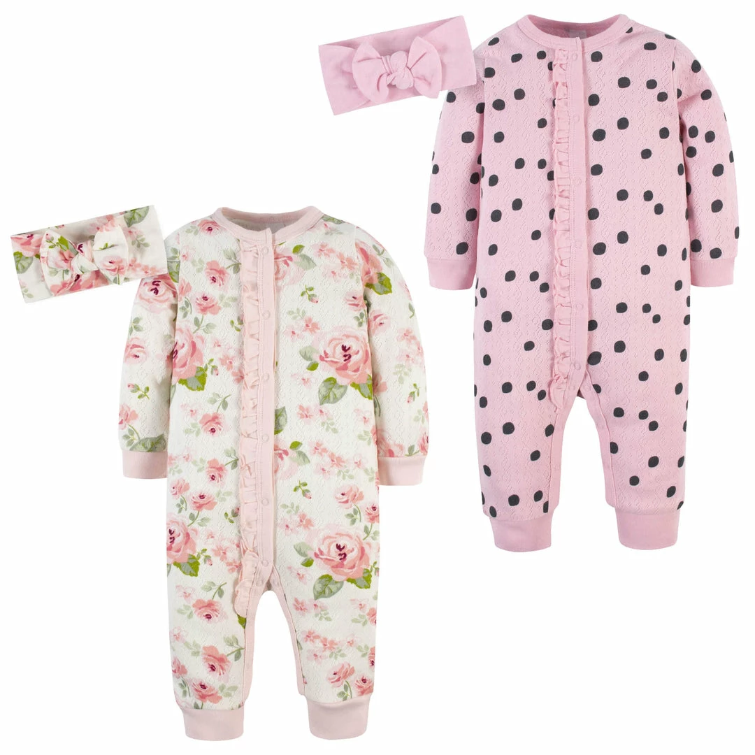 Cheapest 🤩 Gerber® 4-Piece Baby 👧 Girls Dots & Roses Coveralls & Headbands Set 😀 1 Gerber® 4-Piece Baby Girls Dots & Roses Coveralls & Headbands Set