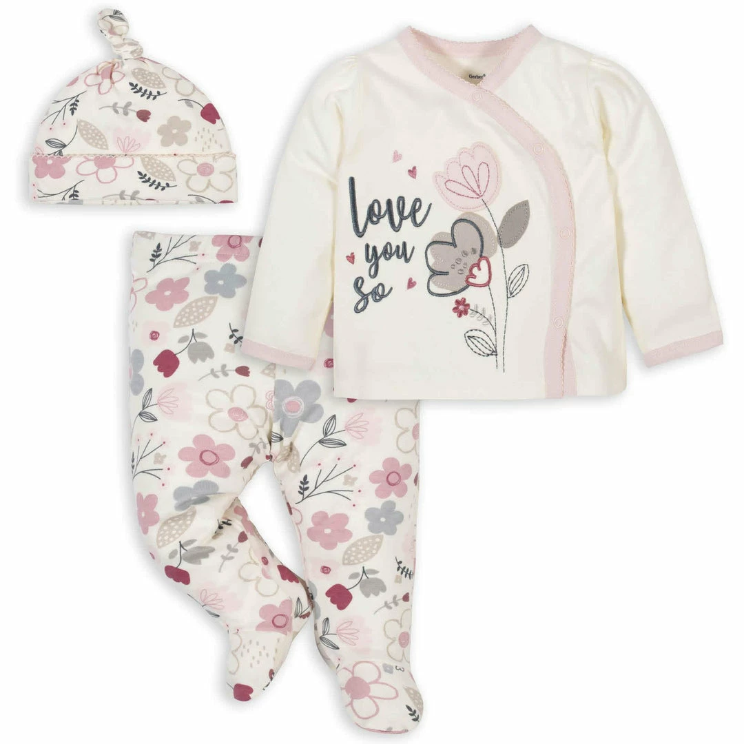 Promo 🧨 Gerber® 3-Piece Organic Baby 👧 Girls Love You So Take-Me-Home Set BabyPreemie - 24M ✔️ 1 Gerber® 3-Piece Organic Baby Girls Love You So Take-Me-Home Set BabyPreemie - 24M
