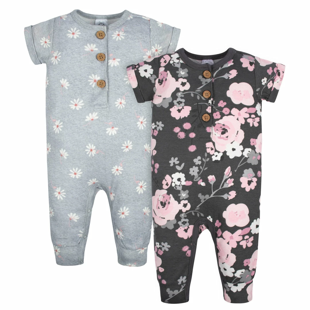 Promo 🔔 Gerber® 2-Pack Baby 👧 Girls Floral & Daisies Short Sleeve Rompers ✨ 1 Gerber® 2-Pack Baby Girls Floral & Daisies Short Sleeve Rompers