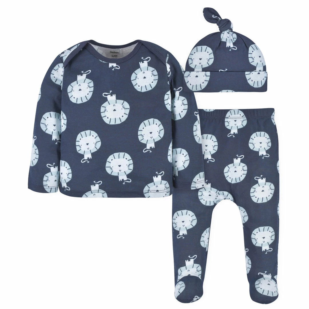 Best Pirce 👏 Gerber® 3-Piece Baby Boys Comfy Stretch Lion Long Sleeve 👚 Shirt, Footed Pant, & Cap Set BabyPreemie - 24M ✔️ 1 Gerber® 3-Piece Baby Boys Comfy Stretch Lion Long Sleeve Shirt, Footed Pant, & Cap Set BabyPreemie - 24M