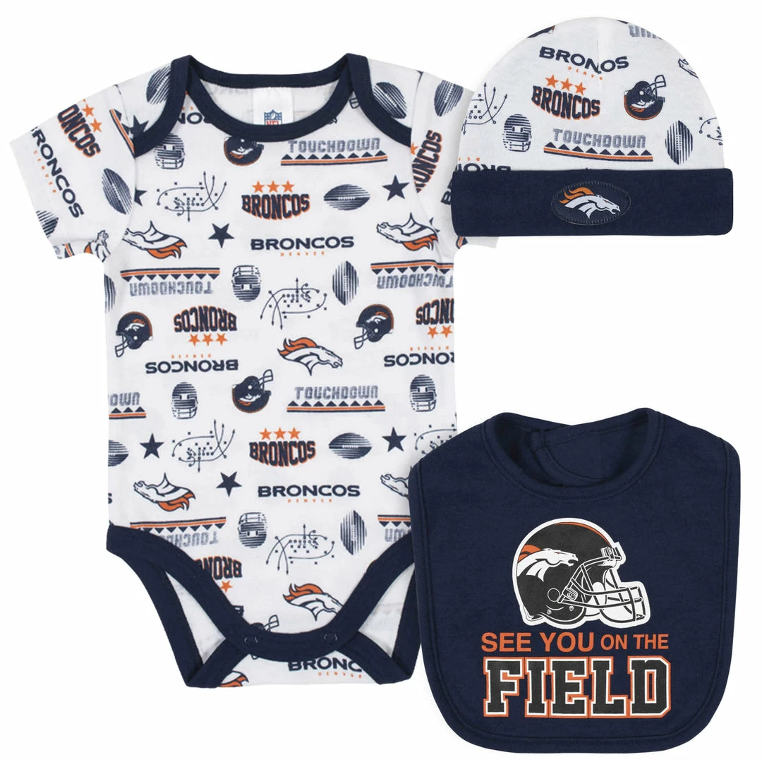 Flash Sale ๐ NFL Denver Broncos 3-Piece Baby Boys Bodysuit, Bib, And Cap Set BabyPreemie - 24M ๐ 1 NFL Denver Broncos 3-Piece Baby Boys Bodysuit, Bib, And Cap Set BabyPreemie - 24M