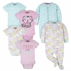 BabyPreemie - 24M 6-Piece Baby Girls Cuddly & Cat Onesies® Brand Bodysuit & Sleep N' Play Set
